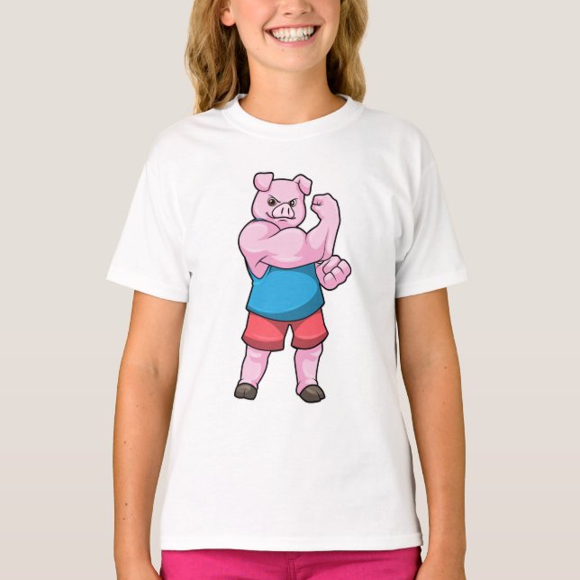 Camiseta Cerdo como culturista con gran brazo superior (Anverso)