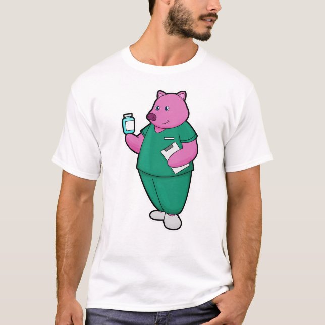 Camiseta Cerdo como enfermera con medicina (Anverso)