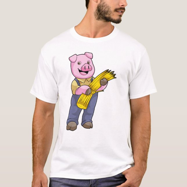 Camiseta Cerdo como granjero con paja (Anverso)