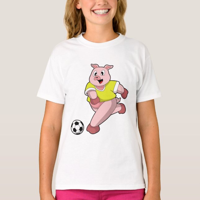 Camiseta Cerdo como jugador de fútbol con fútbol (Anverso)