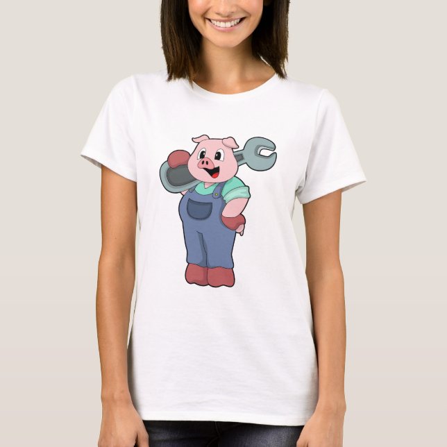 Camiseta Cerdo como mecánico con llave (Anverso)