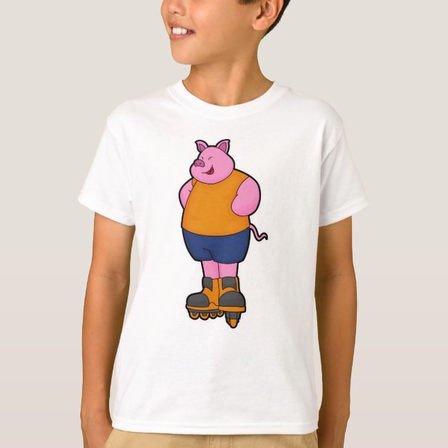 Camiseta Cerdo como patinador con patines en línea (Anverso)