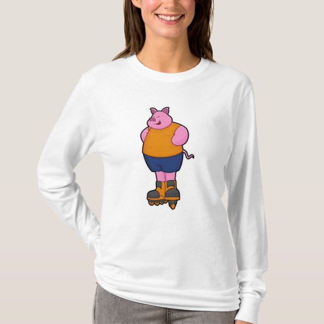 Camiseta Cerdo como patinador con patines en línea (Anverso)