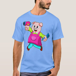 Camiseta Cerdo como peluquero con secador de pelo Comb