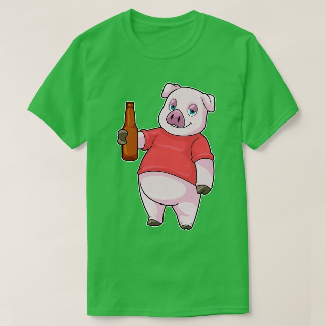 Camiseta Cerdo con botella de cerveza (Diseño del anverso)