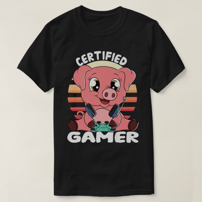 Camiseta Cerdo con Gamer Headset Gaming Pig Certified Gamer (Diseño del anverso)
