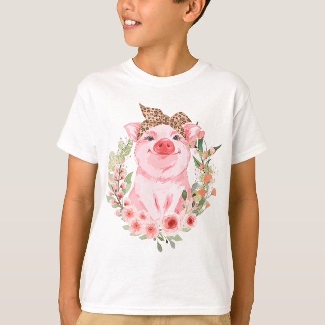Camiseta Cerdo Con Leopardo De La Cabeza De La Flor De La C (Anverso)