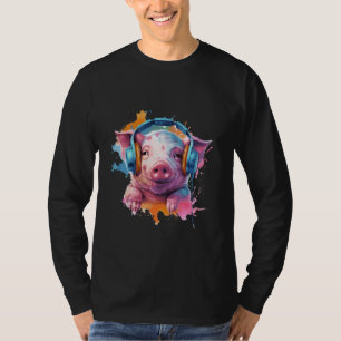 Camiseta Cerdo Cuaderno Acuarela Con Auriculares Música Ar