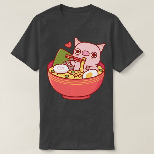 Camiseta Cerdo Cuto Comiendo Fideos De Ramen En El Tazón (Diseño del anverso)