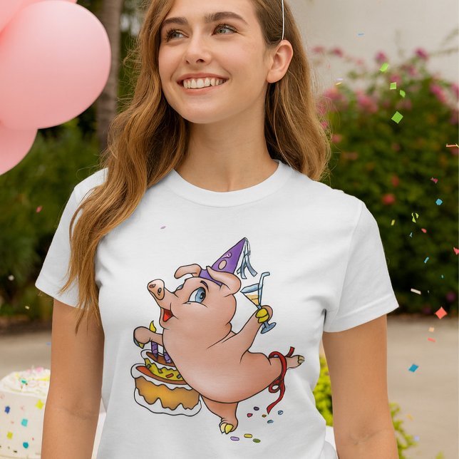 Camiseta Cerdo de cumpleaños bailarín con pasteles y cóctel (Subido por el creador)