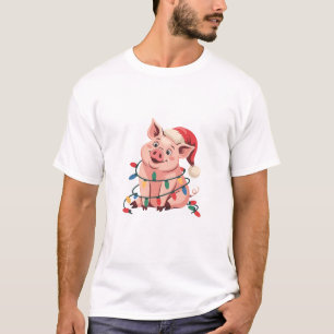 Camiseta Cerdo de luces de Navidad que lleva sombrero de Na