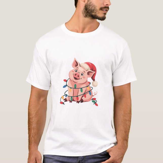 Camiseta Cerdo de luces de Navidad que lleva sombrero de Na (Anverso)