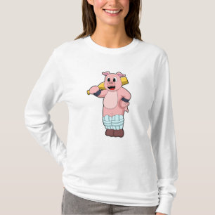 Camiseta Cerdo en el críquet con bate de críquet