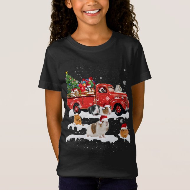 Camiseta Cerdo en Guinea Montando Camión Rojo Feliz Navidad (Anverso)
