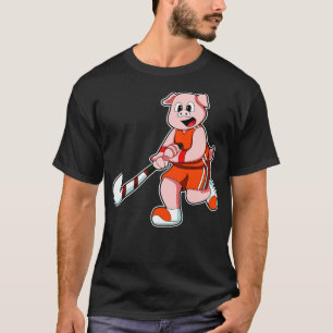 Camiseta Cerdo en hockey con bastón de hockey