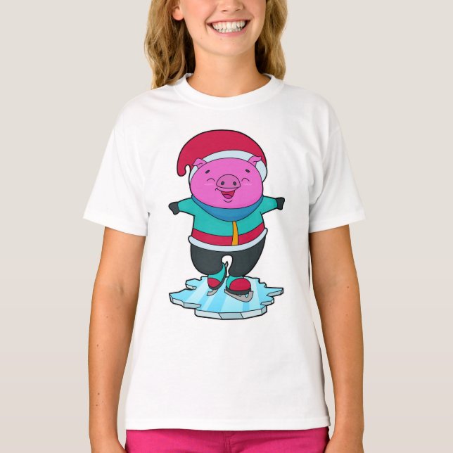 Camiseta Cerdo en patinaje sobre hielo con patines de hielo (Anverso)
