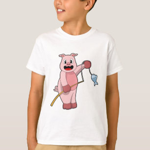 Camiseta Cerdo en pesca con caña y pescado