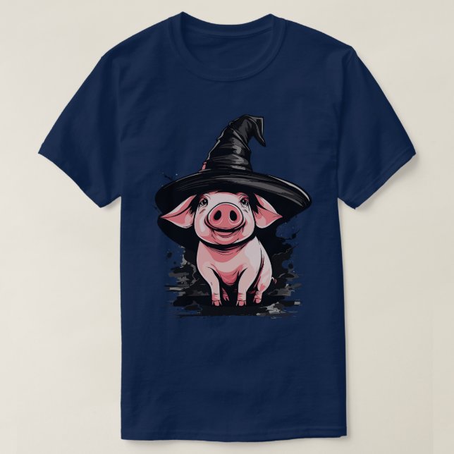 Camiseta Cerdo en una bruja gorra de halloween (Diseño del anverso)
