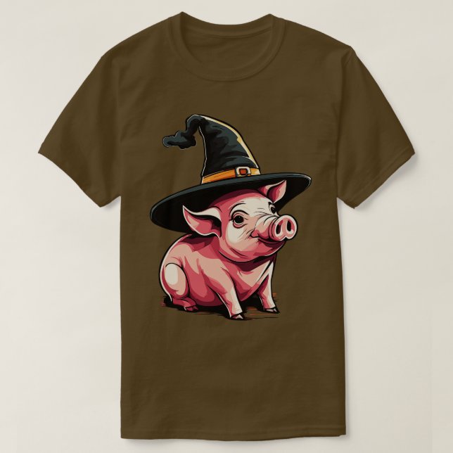 Camiseta Cerdo en una bruja gorra de halloween cerdo 1 (Diseño del anverso)