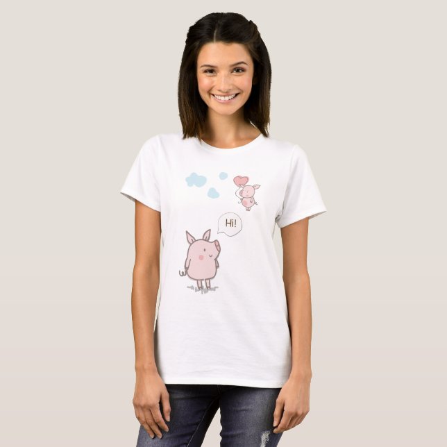 Camiseta Cerdo flotante lindo diciendo hola (Anverso completo)
