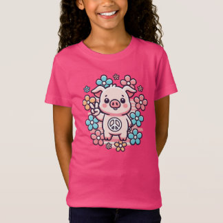 Camiseta Cerdo lindo con signo de paz y flores temáticas de