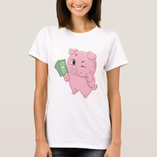 Camiseta Cerdo Rosa Sosteniendo Dinero Dando Pulgar Arriba