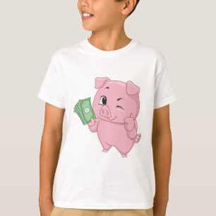 Camiseta Cerdo rosa sosteniendo dinero dando pulgares hacia