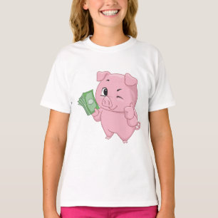 Camiseta Cerdo rosa sosteniendo dinero dando pulgares hacia