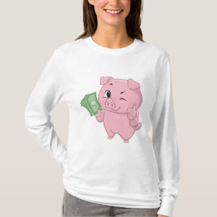 Camiseta Cerdo Rosa Sosteniendo Efectivo Dando Pulgar Hacia