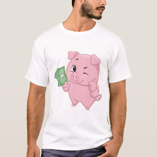 Camiseta Cerdo Rosa Sosteniendo Efectivo Dando Pulgar Hacia