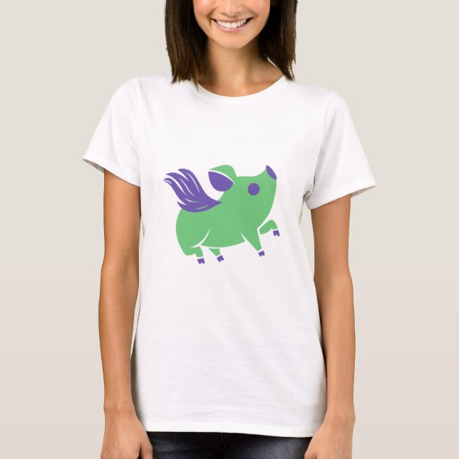 Camiseta Cerdo verde con alas moradas (Anverso)