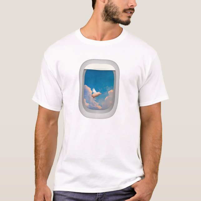 Camiseta cerdo volante a través de la ventana del avión (Anverso)