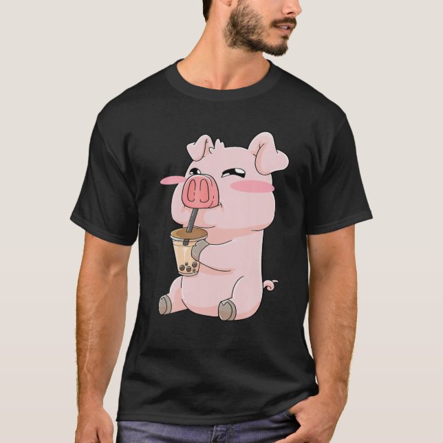 Camiseta Cerdos Cerdo Boba Bubble Tea Anime Kawaii Cute Gif (Anverso)