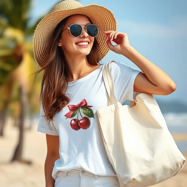 Camiseta Cerezas y una reverencia (Cherries-Cherries with a Bow-Trendy Fashion White T shirt)