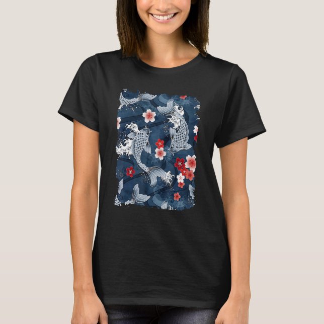 Camiseta Cerezo en flor Koi Carp Pescado japonés Sakura Gra (Anverso)