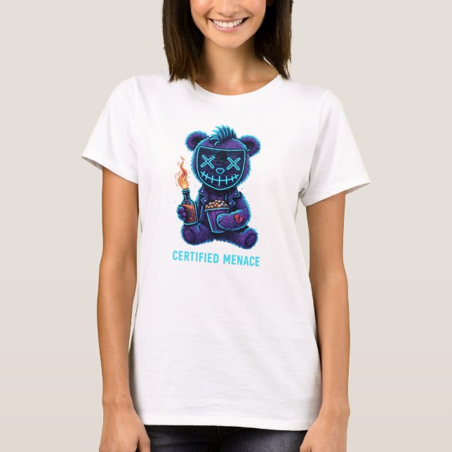 Camiseta Certified Menace Bear – Neon Cyberpunk Teddy Art (Anverso)