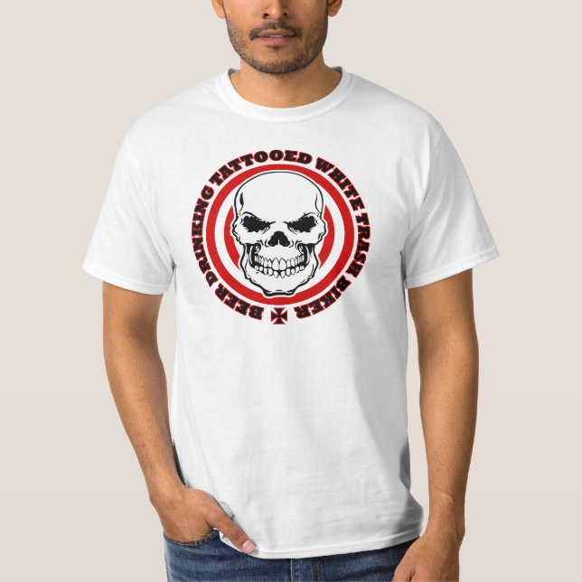 Camiseta Cerveza que bebe al motorista tatuado de la basura (Anverso)