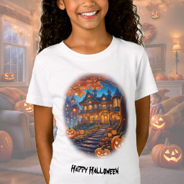 Camiseta Chalet fantasmal en el bosque, calabazas, Hallowee