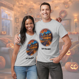 Camiseta Chalet fantasmal en el bosque, calabazas, Hallowee