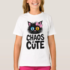 Camiseta Chaos Is Cute – Adorable Black Cat with Bow Kawaii