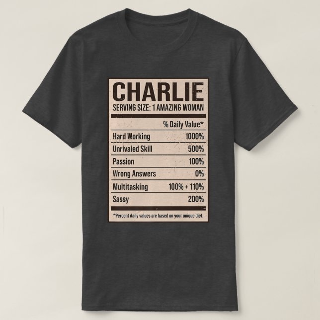 Camiseta Charlie Nutrition Facts Name Nickname Alias Title  (Diseño del anverso)