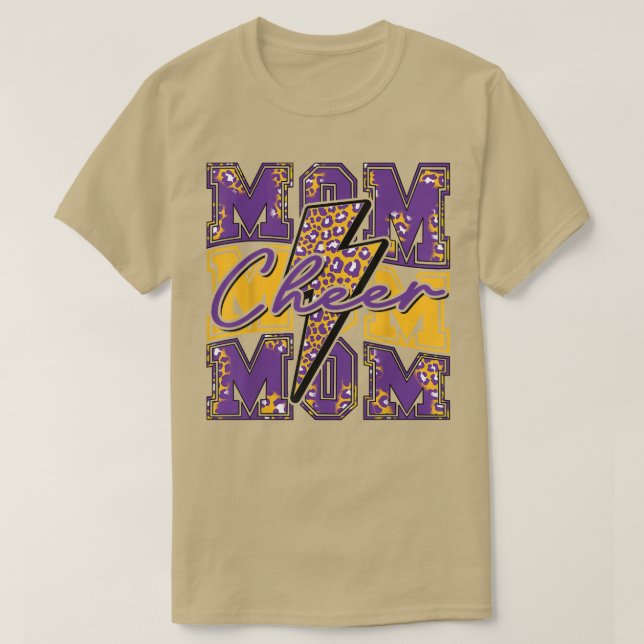 Camiseta Cheer Mom Lightning Bolt Cheer Leopard Purple Gold (Diseño del anverso)