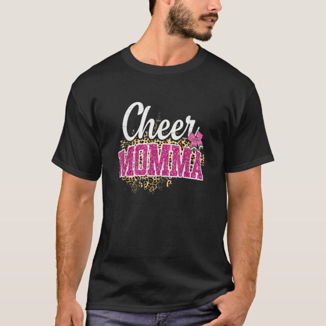 Camiseta Cheer Momma Biggest Fan Leopard Print And Pom Pom (Anverso)