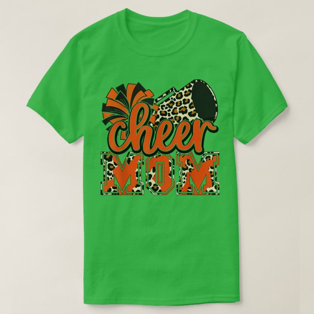 Camiseta Cheer Poms y Megaphone, Naranja Leopard de la Madr (Diseño del anverso)