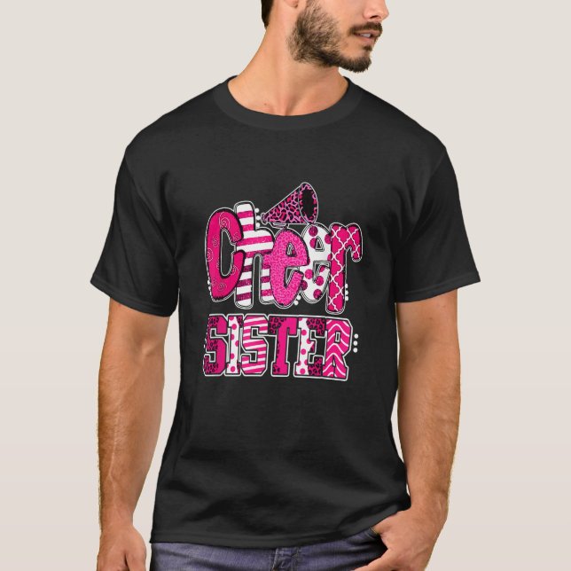 Camiseta Cheer Sister Biggest Fan Leopard Print And Pom Pom (Anverso)