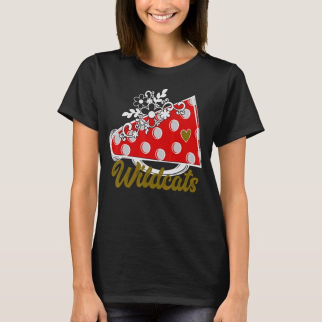 Camiseta Cheer WILDCATS  Red Megaphone Heart Flower Accent (Anverso)