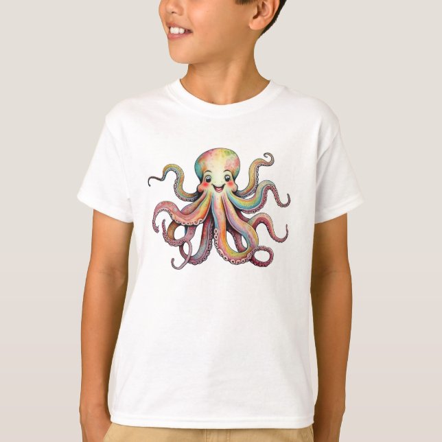Camiseta Cheerful Bright Rainbow Watercolor Octopus Design (Anverso)