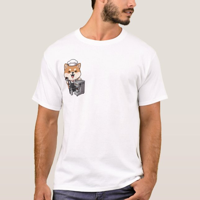 Camiseta Cheerful Shiba Inu Barista with Espresso Machine (Anverso)