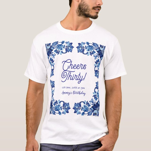 Camiseta Cheers thirty birthday royal blue floral border na (Anverso)