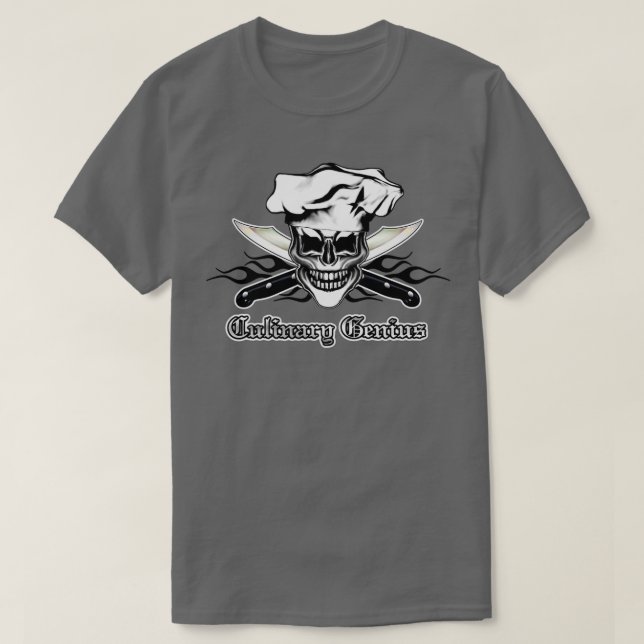 Camiseta Chef Skull 6 Genio culinario 3 llamas negras (Diseño del anverso)